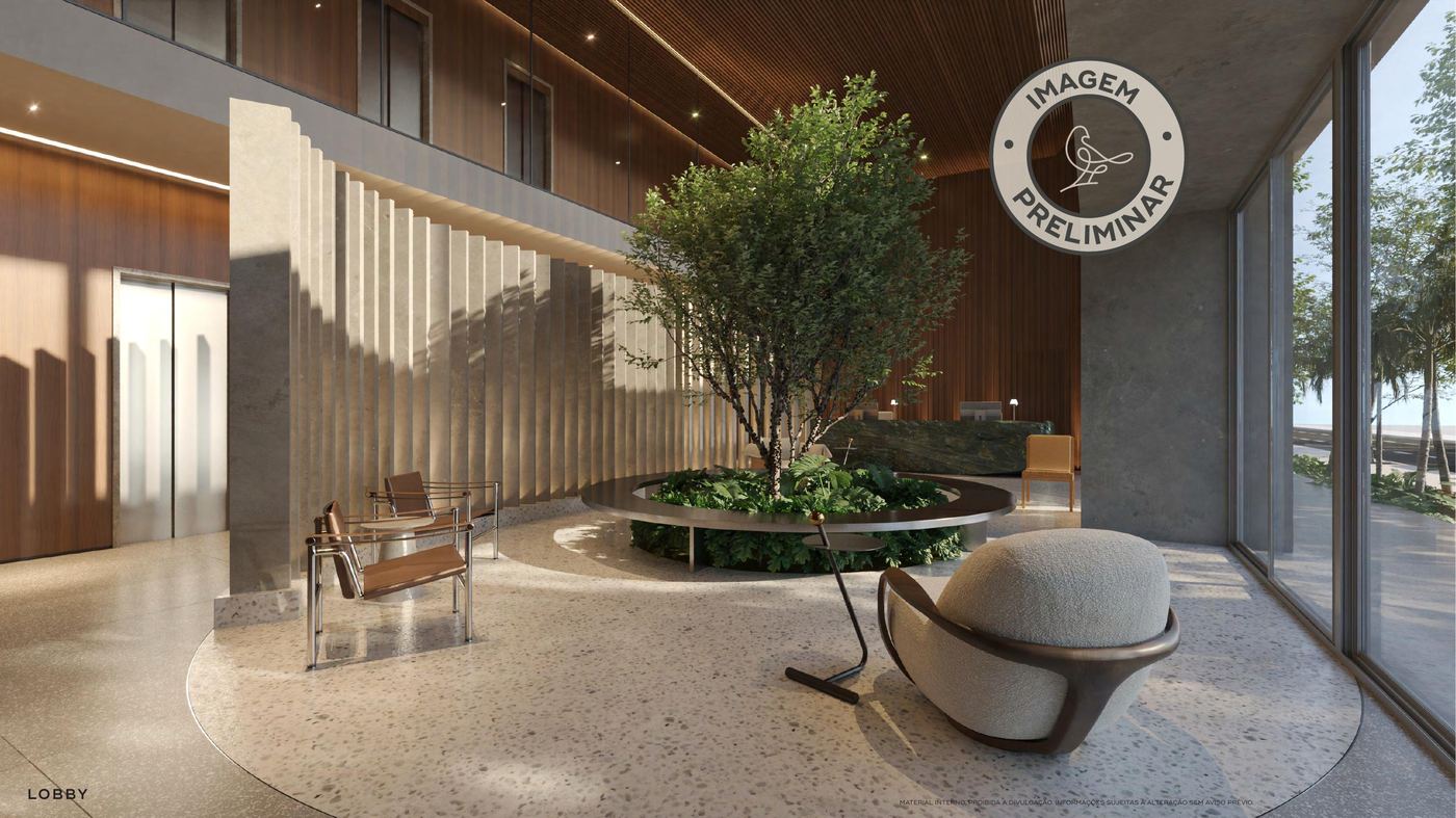 Lobby do Pintassilgo 336 com árvore central e acabamento em madeira